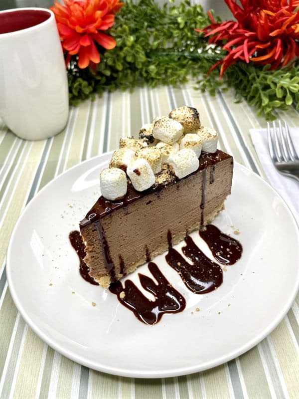 A slice of chocolate cheesecake topped with toasted marshmallows and chocolate drizzle.